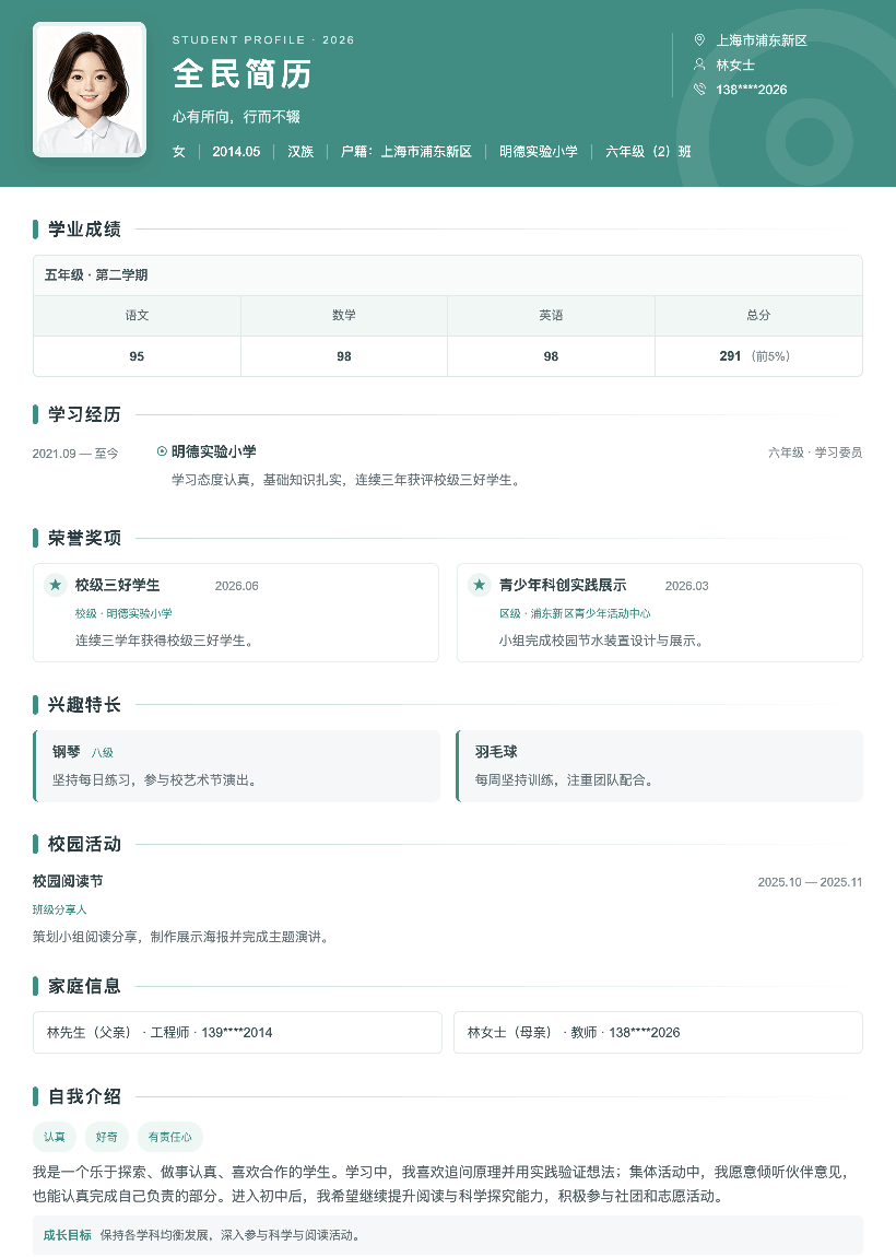 清新成长型幼/小/初简历模板