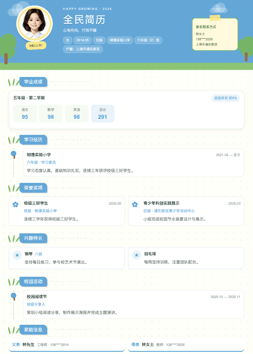 阳光草地型卡通学生简历模板