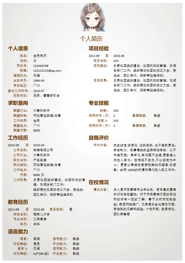 运营专员简历模板Word格式