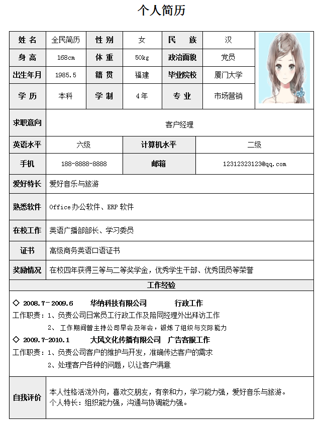 市场营销简历模板Word格式