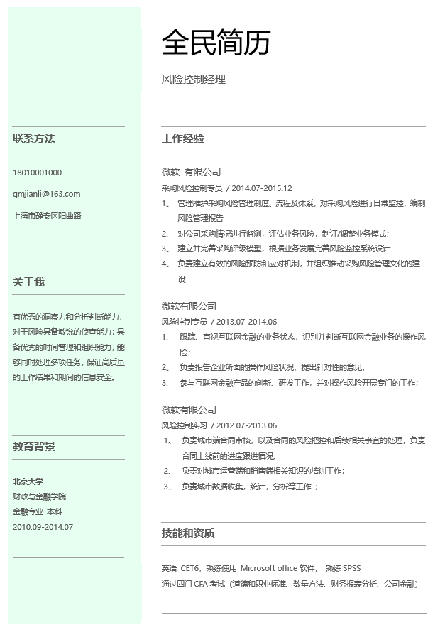 风险控制简历模板Word格式