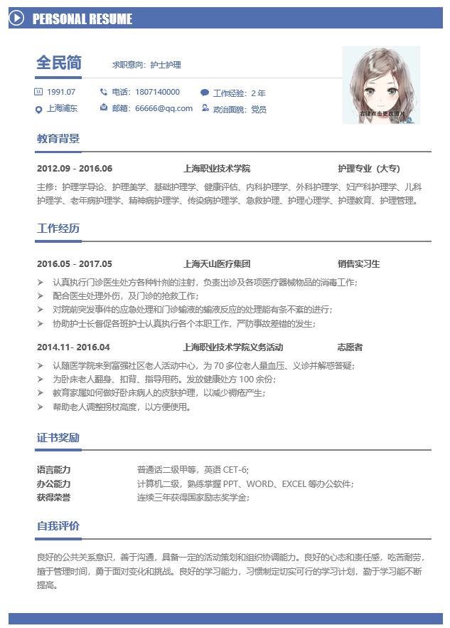 医护简历模板Word格式